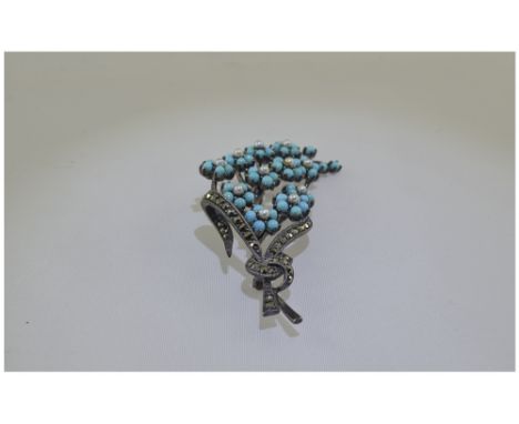 Turquoise and Seed Pearl 'Forget-Me-Not' Brooch, a spray of flowers with turquoise petals and white seed pearl centres, held 