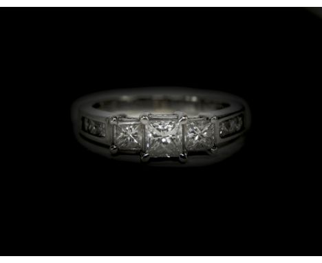 ***WITHDRAWN***Ladies 14ct White Gold Set Three Stone Diamond Ring with Diamond Shoulders. The Three Princess Cut Diamonds of