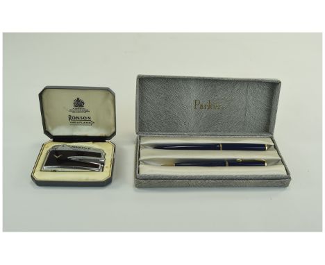 Parker Junior Fountain Pen Blue Cap And Barrel With Yellow Metal Fitments, Together With matching Parker No.3 Pencil With fit
