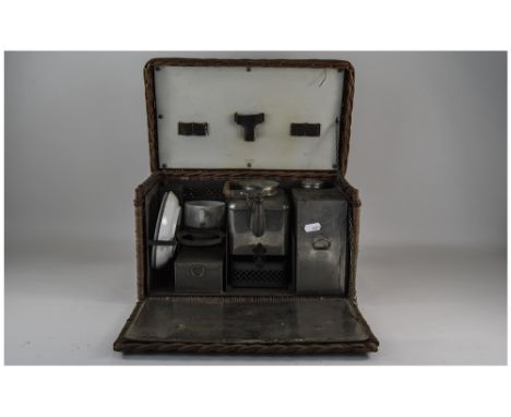 Aspreys Of London Early 20thC Two Person Picnic. Wicker Basket With Leather Strap, Fall Front Opening to A Kettle And Burner,