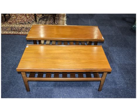Pair Of Teak Rectangular Coffee Tables, One Marked For Myer, Slatted Magazine Shelf, Height 17 Inches, Largest 44x18 Inch Top
