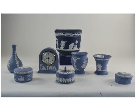 Small Collection Of Wedgwood Jasper Ware Comprising Mantle Clock, Trinket Boxes, Small vases etc