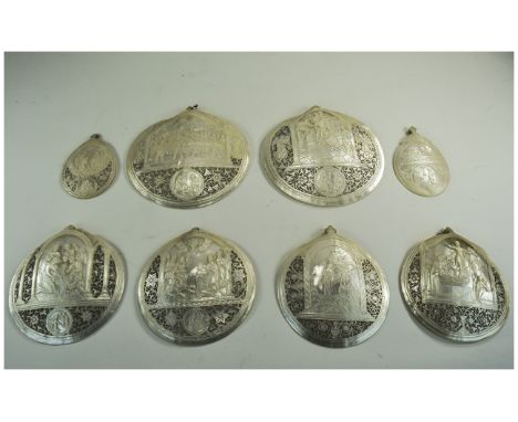 French Very Fine Late 19th Century Mother of Pearl 8 Piece Set of Circular Wall Plaques, Each Depicting Historical Christian 