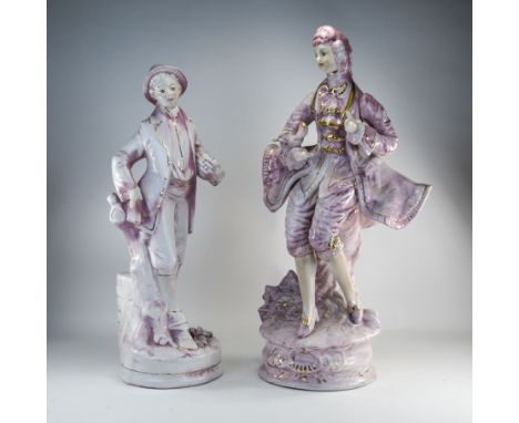 Italian Decorative Pair of Large Hand Decorated 19th Century Dressed Ceramic Figure In Pink and Gold Colour way. c.1960's. He