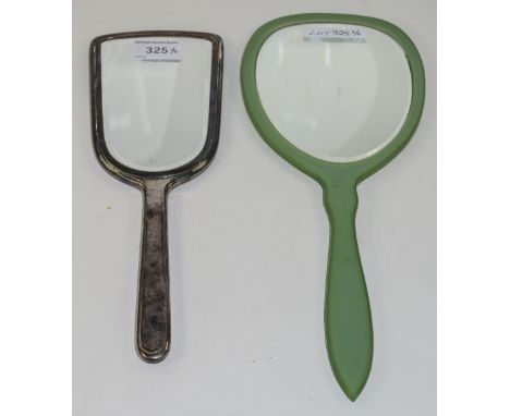 2 Ladies Art Deco Dressing Table Hand Mirrors One White Metal Marked WMF, Engine Turned Back, The Other Jade Coloured Bakelit