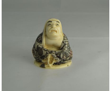 Japanese - Signed Early 20th Century Carved Ivory Netsuke of a Robed Man In a Sitting Position. Signed to Underside. 1.75 Inc