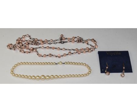 Freshwater Pearl Necklace With Silver Clasp. Together With Two Simulated Pearl Necklaces And A Pair Of Earrings.