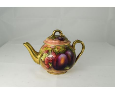 Royal Worcester Very Fine Hand Painted - Small Teapot ' Fallen Fruits ' Stillife, Peaches and Berries Against a Mossy Ground.