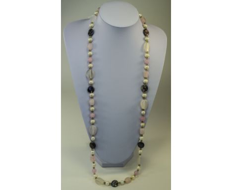 Rose Quartz, White and Peacock Fresh Water Pearl Long Necklace, 36 inch long infinity necklace with rose quartz beads, white 