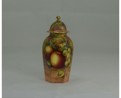 Royal Worcester Fine Hand Painted - Miniature Lidded Six Sided Vase ' Fallen Fruits ' Stillife, Grapes, Apples and Bracken. S