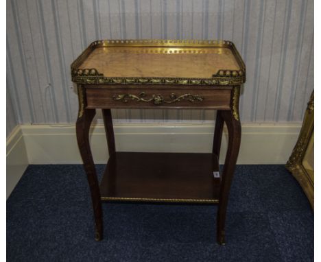 Mid 20thC Mahogany French Style Side Table Marble Top With Brass Gallery Above A Frieze Drawer, Cabriole Legs And shelf, Ormo