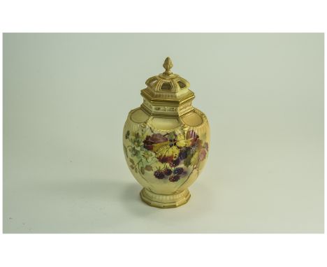 Royal Worcester Hand Painted Blush Ivory Pot - Pouri Complete with Inner Lid ' Berries and Spiders ' Painting. Date 1909. Sta