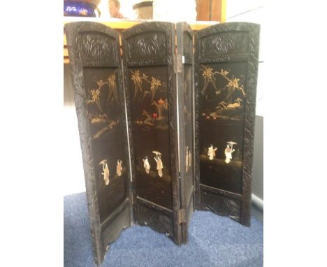 Early To Mid 20thC Four Panelled Folding Firescreen Carved Frame Each inlaid With Mother of Pearl Figures And Gilt Landscapes