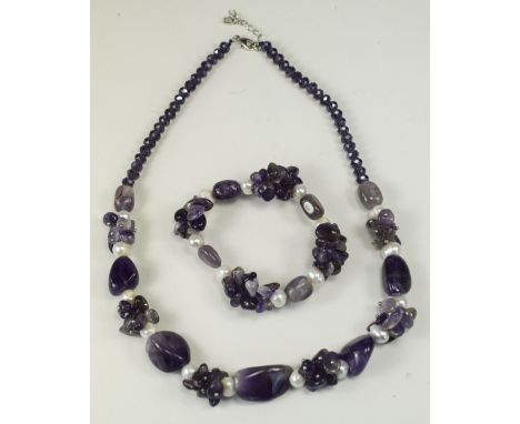 Amethyst and White Fresh Water Pearl Necklace and Bracelet Set, smooth tumble beads and nuggets of natural purple amethyst in
