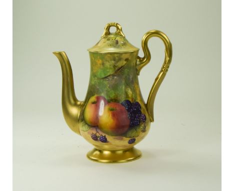 Royal Worcester Hand Painted Coffee Pot ' Fallen Fruits ' Stillife. Signed A. Shuck. Date 1921, 7 Inches High. 