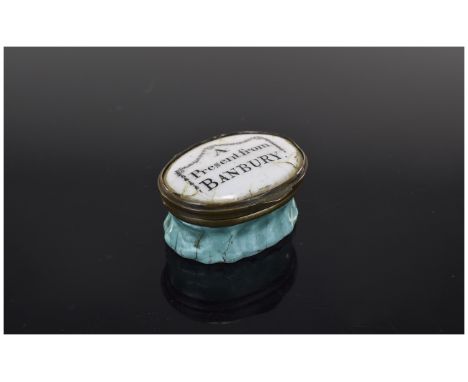 A Bilston Patch Patch Pot Box with Inscribed Lid Saying ' A Present From Banbury ' 1.5 x 3/4 Inches. 