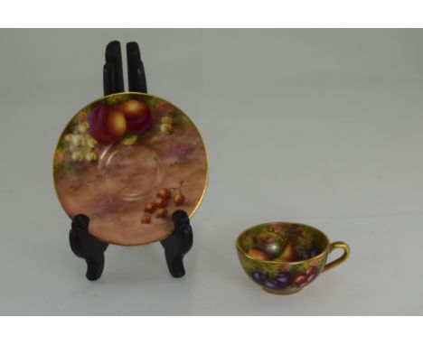 Royal Worcester Superb Hand Painted - Miniature Cup and Saucer ' Fallen Fruits ' Stillife, Peaches, Pears and Berries. Signed
