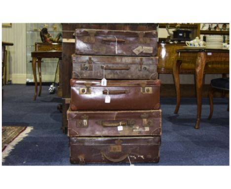 5 Vintage Suitcases, Some With Stickers And Badges 