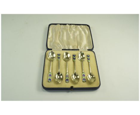 Art Deco - Fine Silver Gilt and Enamel Set of Six Tea Spoons. Hallmark Birmingham 1936. Makers Mark T & S. Original Case, Exc