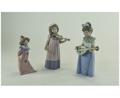 3 Lladro Nao Figurines, To Include 1034 Girl With Violin, 1032 Timid Pierrot Girl Clown And 1033 Girl With Mandolin