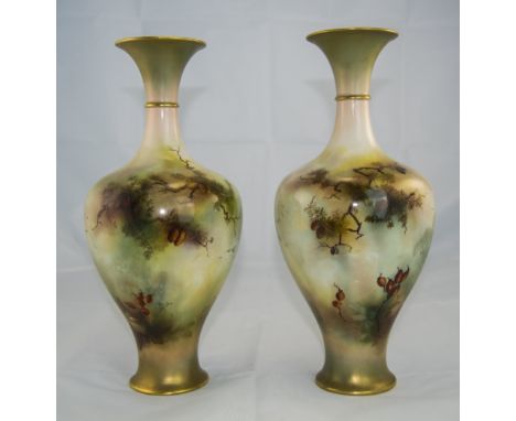 Royal Worcester Pair of Fine Hand Painted Vases 'Peacocks and Peahens in a Woodland Setting', signed R. Austin; date code for