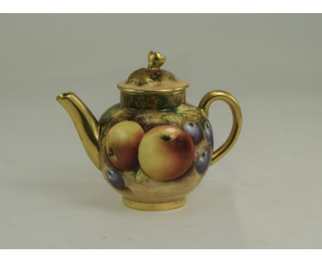 Royal Worcester Fine Hand Painted Miniature Teapot ' Fallen Fruits ' Stillife, Apples and Blueberries. Signed Roberts. Date 1
