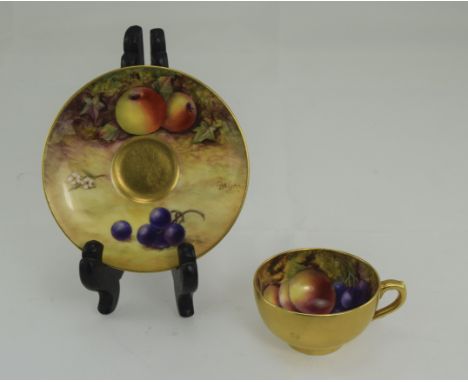 Royal Worcester Fine Hand Painted Miniature Cup and Saucer ' Fallen Fruits ' Stillife, Apples, Peaches and Berries. Signed T.