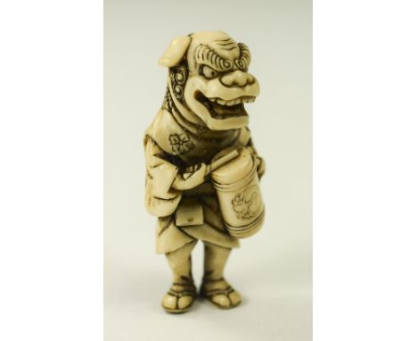 Japanese - Very Fine Signed Ivory Netsuke, Titled ' Lion Dancer ' Signed Shoryu. Made In 1st Half of The 19th Century. 1.75 I