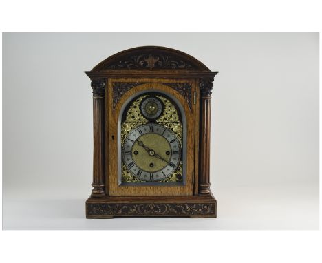 English Late 19th Century Oak Cased Mantel Clock with Striking and Chiming 8 Day Movement, Strikes on 5 Gongs on The 1/4, 1/2