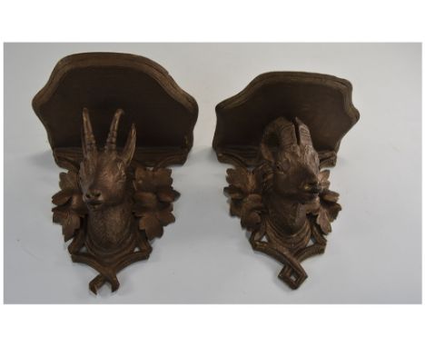 Pair Of 19thC Carved Wooden Wall Brackets Stags Head And Leaf With Small Shaped Platform, Height 7 Inches, Shelf 6.5 x 5 Inch