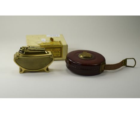 Ronson Gold Tone Table Lighter. Together With A Boxed Leather Clad Measuring Tape By Rabones & Son Birmingham. 