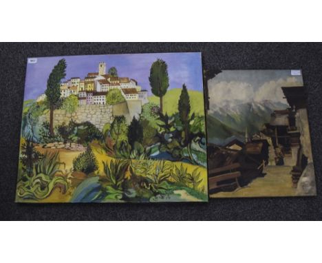 Doreen Mouton English Mid/Late 20thC 2 Oil On Canvasses, The First Depicting Stylised Village Scene 24x29 Inches, The Other C