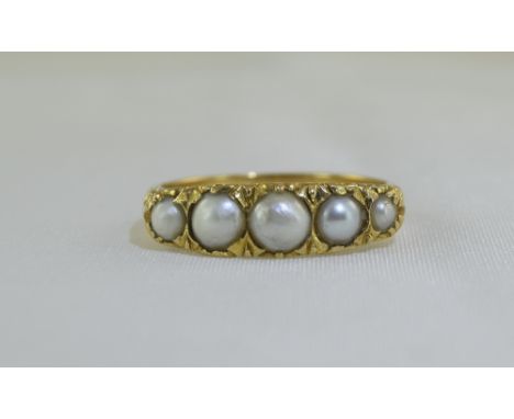 Antique 18ct Gold Set - 5 Stone Seed Pearl Ring, Filigree Setting. Good Quality Pearls, Not Marked but Tests High ct Gold. 