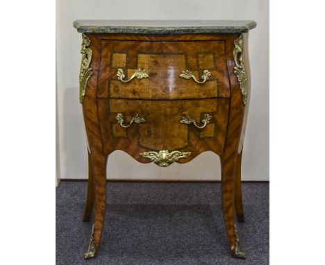 A Louis XV Style Kingwood Cross banded and Ormolu Mounted Bombe Petite Commode. Surmounted by a Serpentine Marble Top, with a