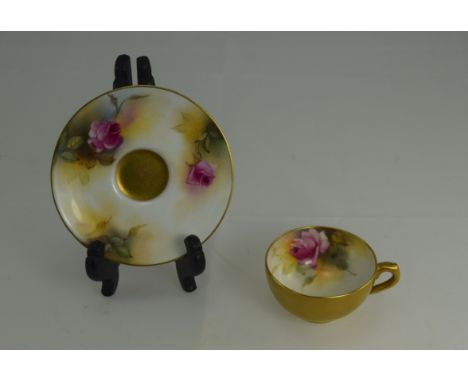 Royal Worcester - Fine Hand Painted Miniature Cup and Saucer ' Pink Roses ' Stillife. Signed M. Hunt. Date 1929. Saucer - 4 I