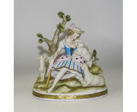 Sitzendorf Hand Painted Group Figure ' Shepherdess with 3 Lambs on a Rocky Crag. Sitzendorf Mark to Underside of Figure. 6.25