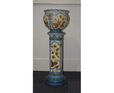 Burmantofts Faience Jardiniere and Stand. c.1880. Painted In Pale Enamel Colours on a Cream Ground. Impressed Number 194813. 