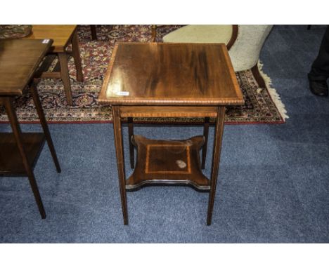 Edwardian Mahogany Occasional Table, Square Inlaid Top Raised On Square Tapering Legs With Shelf Stretcher, 19 Inch Diameter,