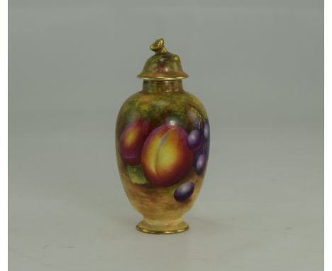 Royal Worcester Fine Hand Painted - Miniature Lidded Vase ' Fallen Fruits ' Stillife, Peaches and Grapes. Signed H. Aryton. D