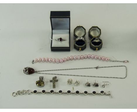 Mixed Lot Of Silver Jewellery, Comprising Rings, Pendants, Earrings, Pearl Bracelet etc, Set With Various Gems Topaz, Green S