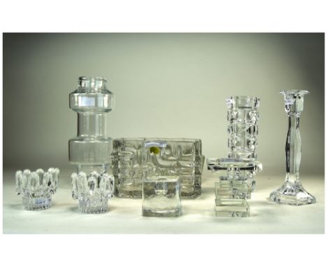 Collection Of Clear Glass Comprising 5 Candle Holder, Bohemian Trough Vase, Frosted Bowl A Riihimaki Style Vase Plus One Othe