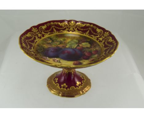 Royal Worcester Richard Sebright 'Fruit' Comport, the shallow dish hand painted, showing plums, raspberries, blossom and foli