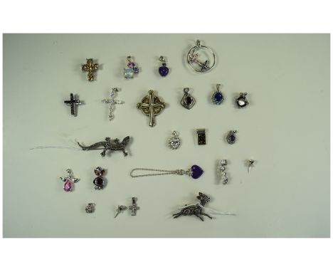 A Collection of Vintage Silver and Stone Set Jewellery ( 23 ) Items In Total. Comprises Brooches, Pendants, Crosses etc. Good