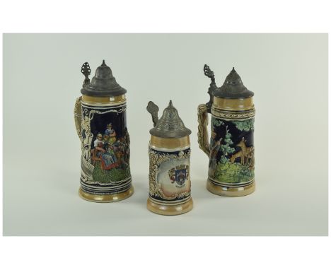 German 20th Century Ceramic Pewter Lidded Tankards. 