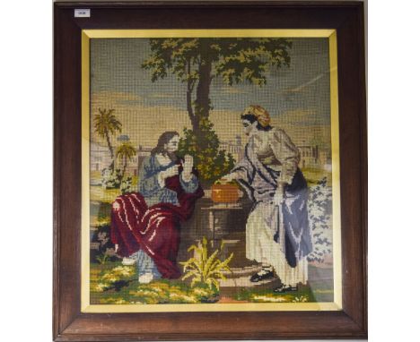 Large Oak Framed Religious Tapestry Depicting Jesus At The Well With The Samaritan Woman, 26x23 Inches