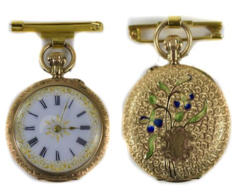 Very Fine Early 20th Century 14ct Gold and Enamel Ladies Fob Watch, Attached to a 14ct Gold Brooch, with Ornate Porcelain Dia