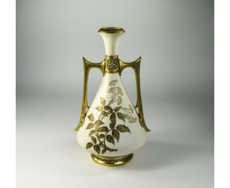 Royal Worcester Hand Painted Persian Style Twin Handle Vase, Decorated with Images of Exotic Gold Leaves and Painted Gold Bor