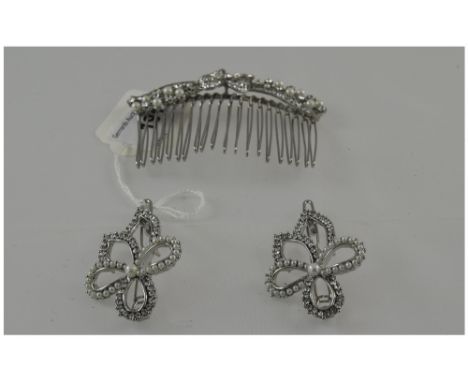 White Austrian Crystal and Faux Pearl Hair Comb of flower and leaf design, plus two flower shaped hair clips, similar; ideal 