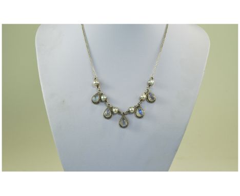 A Nice Quality Vintage Silver Set Moonstone and Pearl Necklace. Fully Hallmarked. 16 Inches In Length. 