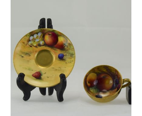 Royal Worcester Fine Hand Painted Miniature Cup and Saucer ' Fallen Fruits ' Apples and Berries Stillife. Signed W. Hale, Dat